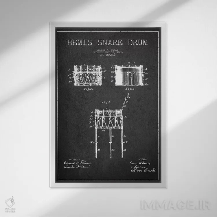 تابلو نقشهٔ پتنت طبل بیمیس (ذغالی) اثر پیکسل کهنه (استودیو/نام هنری) - نمای قابدار سفید