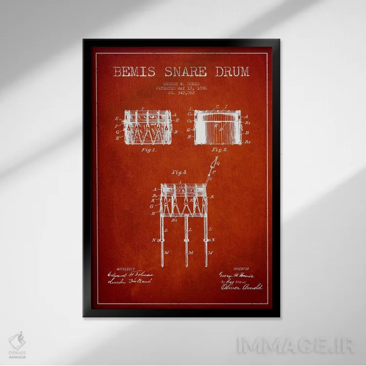 تابلو نقشهٔ پتنت طبل بیمیس (قرمز) اثر پیکسل کهنه (استودیو/نام هنری) - نمای قابدار مشکی