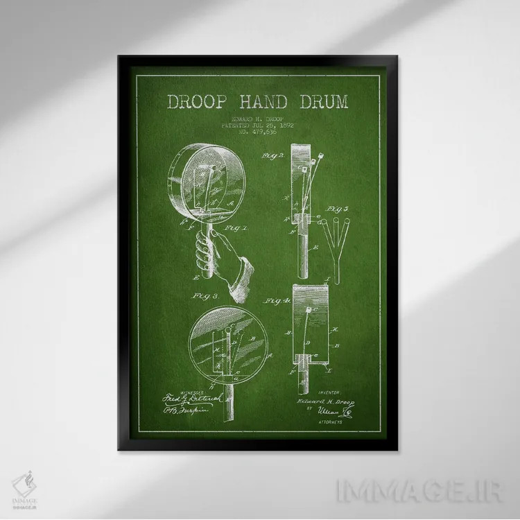 تابلو نقشهٔ پتنت طبل دروپ (سبز) اثر پیکسل کهنه (استودیو/نام هنری) - نمای قابدار مشکی