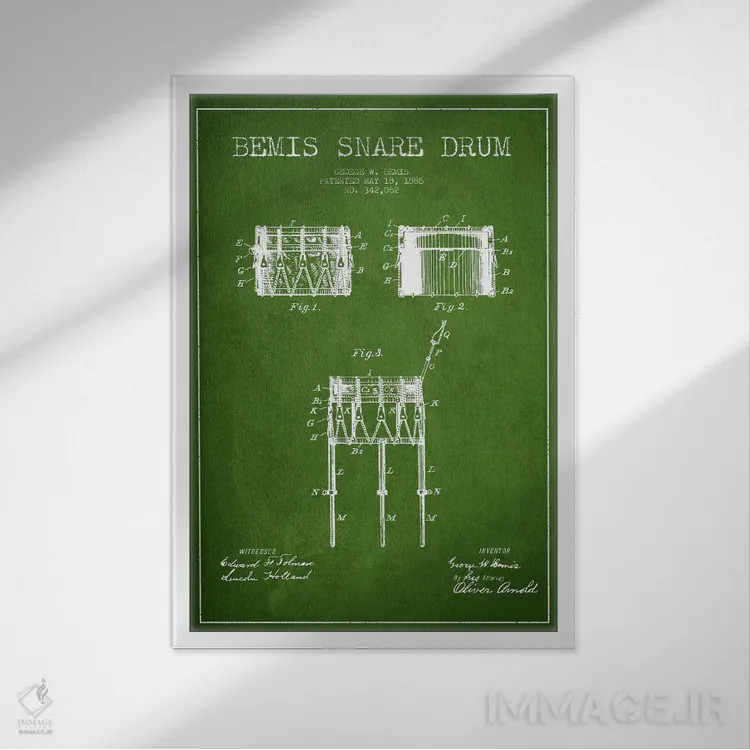 تابلو نقشهٔ پتنت طبل بیمیس (سبز) اثر پیکسل کهنه (استودیو/نام هنری) - نمای قابدار سفید