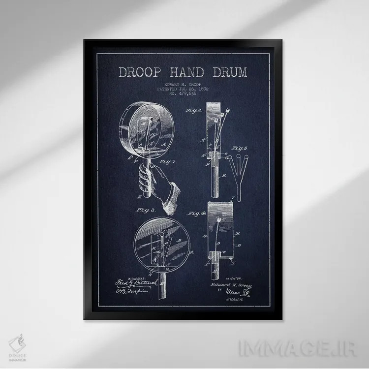 تابلو نقشهٔ پتنت طبل دروپ (آبی نفتی) اثر پیکسل کهنه (استودیو/نام هنری) - نمای قابدار مشکی