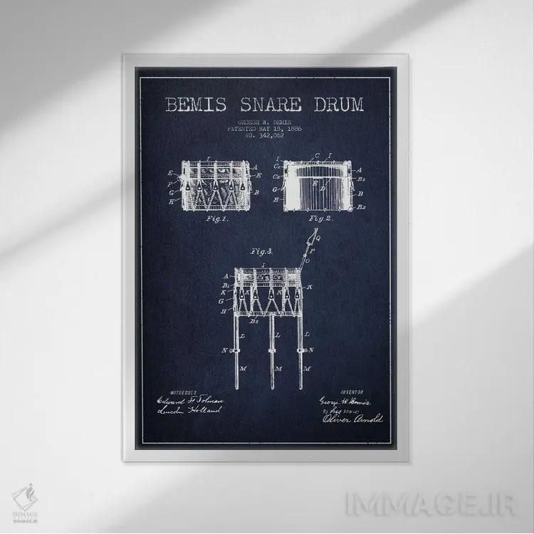 تابلو نقشهٔ پتنت طبل بیمیس (آبی نفتی) اثر پیکسل کهنه (استودیو/نام هنری) - نمای قابدار سفید