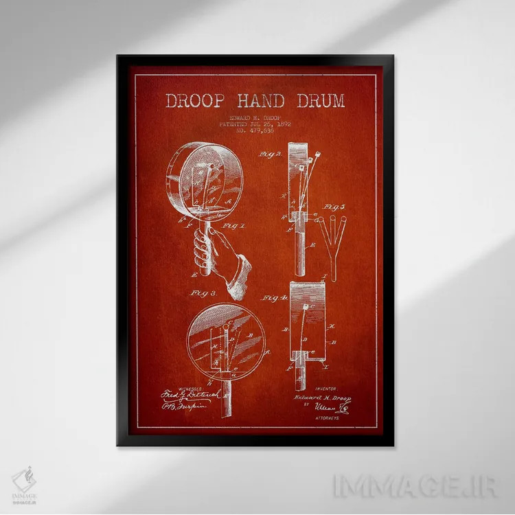 تابلو نقشهٔ پتنت طبل دروپ (قرمز) اثر پیکسل کهنه (استودیو/نام هنری) - نمای قابدار مشکی