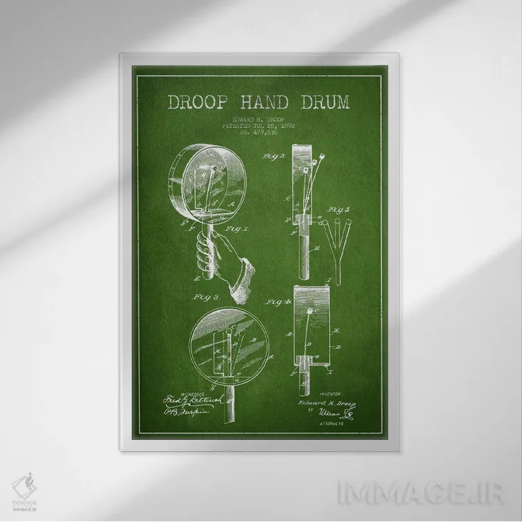 تابلو نقشهٔ پتنت طبل دروپ (سبز) اثر پیکسل کهنه (استودیو/نام هنری) - نمای قابدار سفید