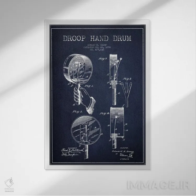 تابلو نقشهٔ پتنت طبل دروپ (آبی نفتی) اثر پیکسل کهنه (استودیو/نام هنری) - نمای قابدار سفید