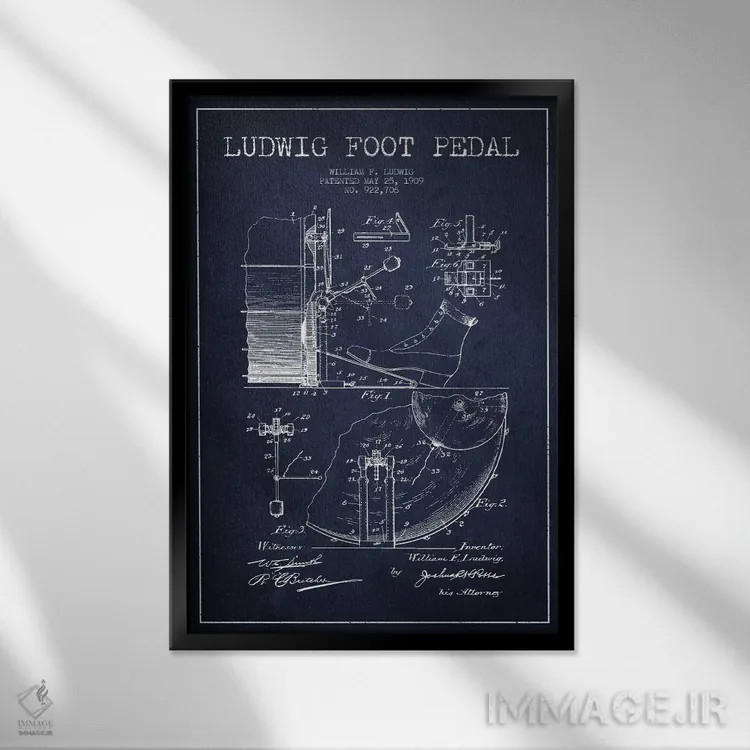 تابلو نقشهٔ پتنت پدال لودویگ (آبی نفتی) اثر پیکسل کهنه (استودیو/نام هنری) - نمای قابدار مشکی