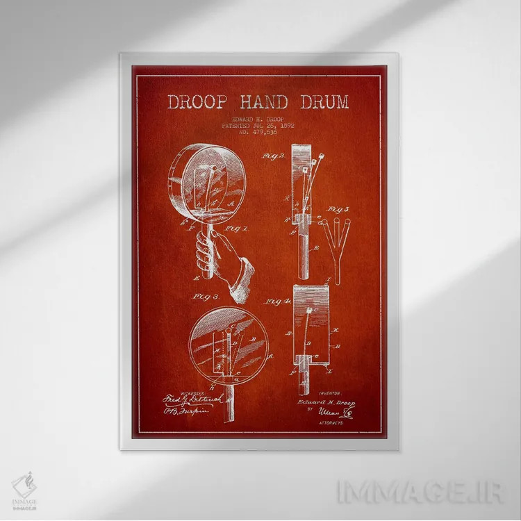 تابلو نقشهٔ پتنت طبل دروپ (قرمز) اثر پیکسل کهنه (استودیو/نام هنری) - نمای قابدار سفید