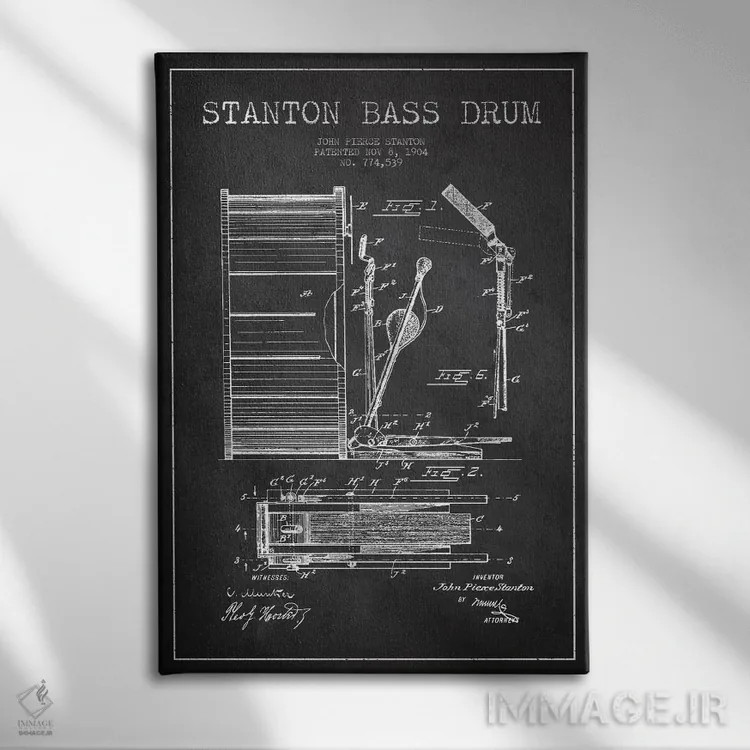 تابلو نقشهٔ پتنت گیتار بیس استنتون (ذغالی) اثر پیکسل کهنه (استودیو/نام هنری) - نمای روبهرو روی دیوار