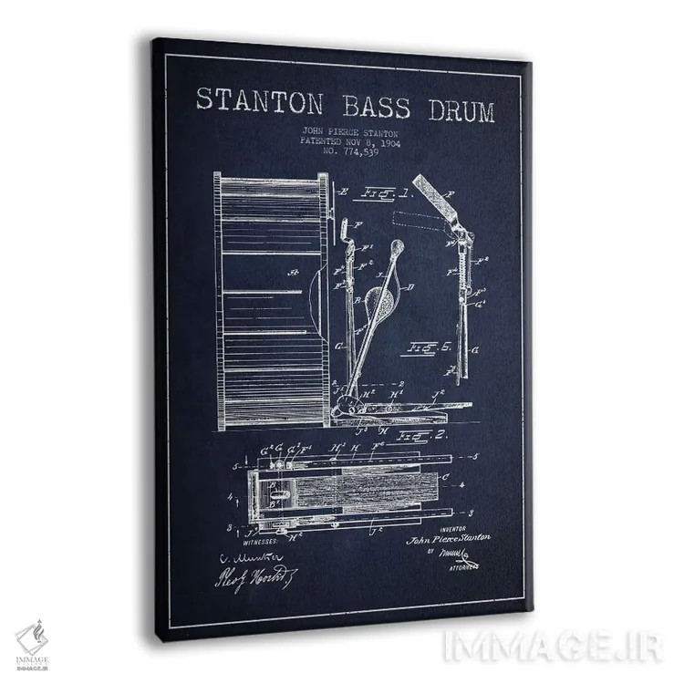 تابلو نقشهٔ پتنت گیتار بیس استنتون (آبی نفتی) اثر پیکسل کهنه (استودیو/نام هنری) - نمای پرسپکتیو محصول