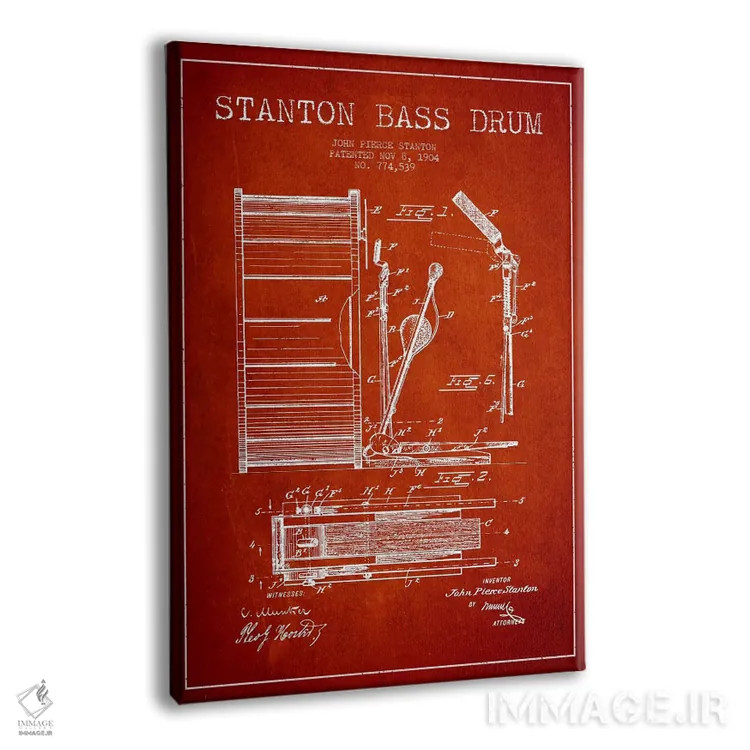 تابلو نقشهٔ پتنت گیتار بیس استنتون (قرمز) اثر پیکسل کهنه (استودیو/نام هنری) - نمای پرسپکتیو محصول