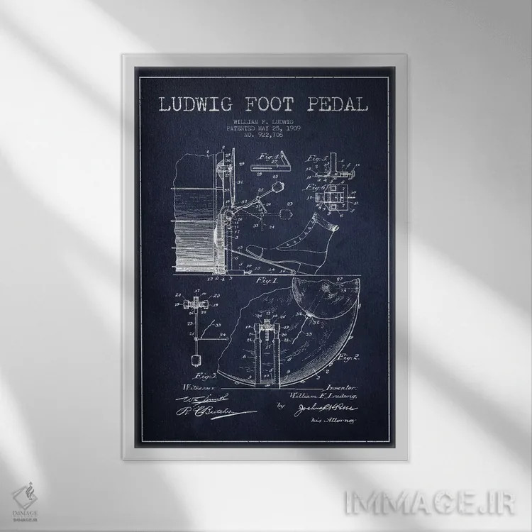 تابلو نقشهٔ پتنت پدال لودویگ (آبی نفتی) اثر پیکسل کهنه (استودیو/نام هنری) - نمای قابدار سفید