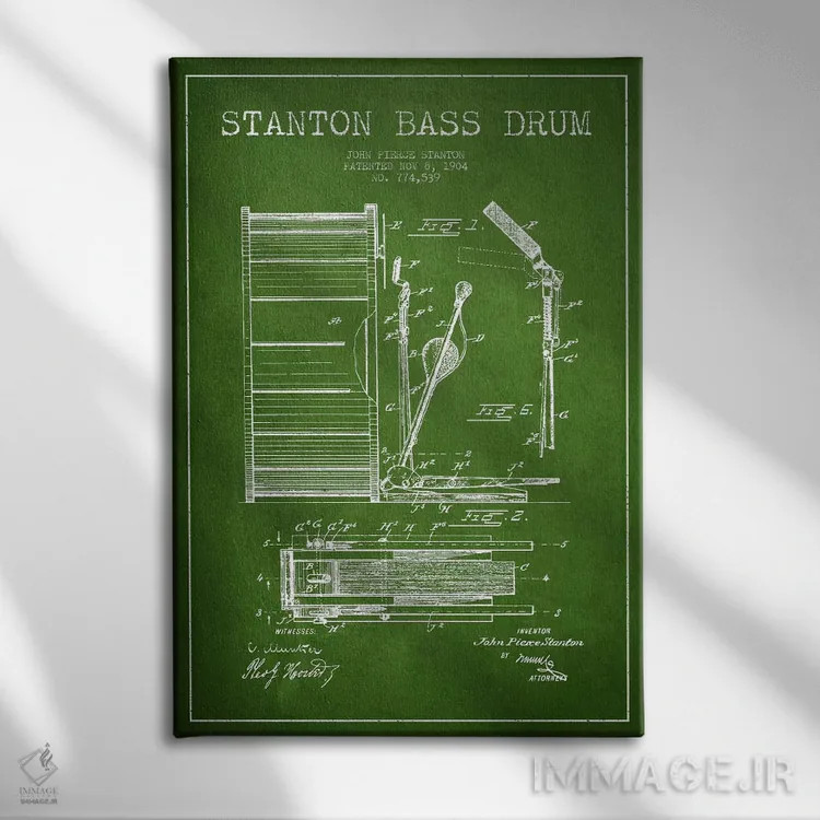 تابلو نقشهٔ پتنت گیتار بیس استنتون (سبز) اثر پیکسل کهنه (استودیو/نام هنری) - نمای روبهرو روی دیوار