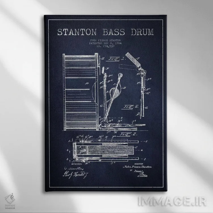 تابلو نقشهٔ پتنت گیتار بیس استنتون (آبی نفتی) اثر پیکسل کهنه (استودیو/نام هنری) - نمای روبهرو روی دیوار