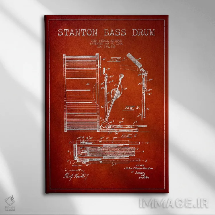 تابلو نقشهٔ پتنت گیتار بیس استنتون (قرمز) اثر پیکسل کهنه (استودیو/نام هنری) - نمای روبهرو روی دیوار