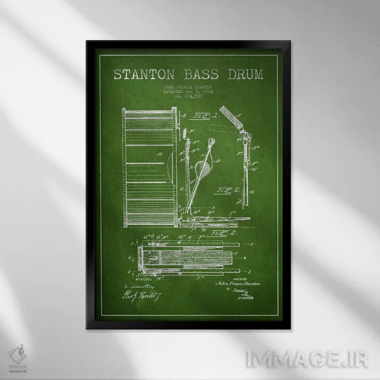 تابلو نقشهٔ پتنت گیتار بیس استنتون (سبز) اثر پیکسل کهنه (استودیو/نام هنری) - نمای قابدار مشکی