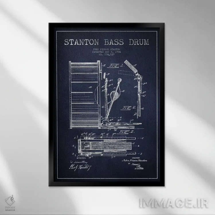 تابلو نقشهٔ پتنت گیتار بیس استنتون (آبی نفتی) اثر پیکسل کهنه (استودیو/نام هنری) - نمای قابدار مشکی