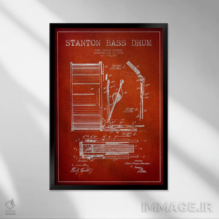 تابلو نقشهٔ پتنت گیتار بیس استنتون (قرمز) اثر پیکسل کهنه (استودیو/نام هنری) - نمای قابدار مشکی