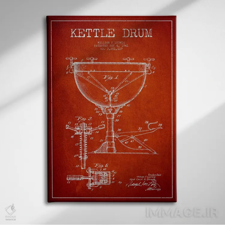 تابلو نقشهٔ پتنت کتل درام لودویگ (قرمز) اثر پیکسل کهنه (استودیو/نام هنری) - نمای روبهرو روی دیوار