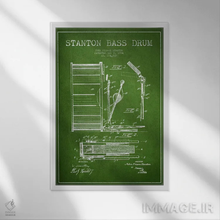 تابلو نقشهٔ پتنت گیتار بیس استنتون (سبز) اثر پیکسل کهنه (استودیو/نام هنری) - نمای قابدار سفید