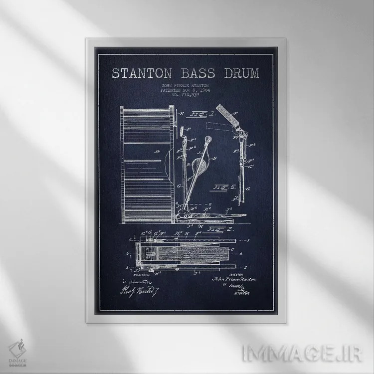 تابلو نقشهٔ پتنت گیتار بیس استنتون (آبی نفتی) اثر پیکسل کهنه (استودیو/نام هنری) - نمای قابدار سفید