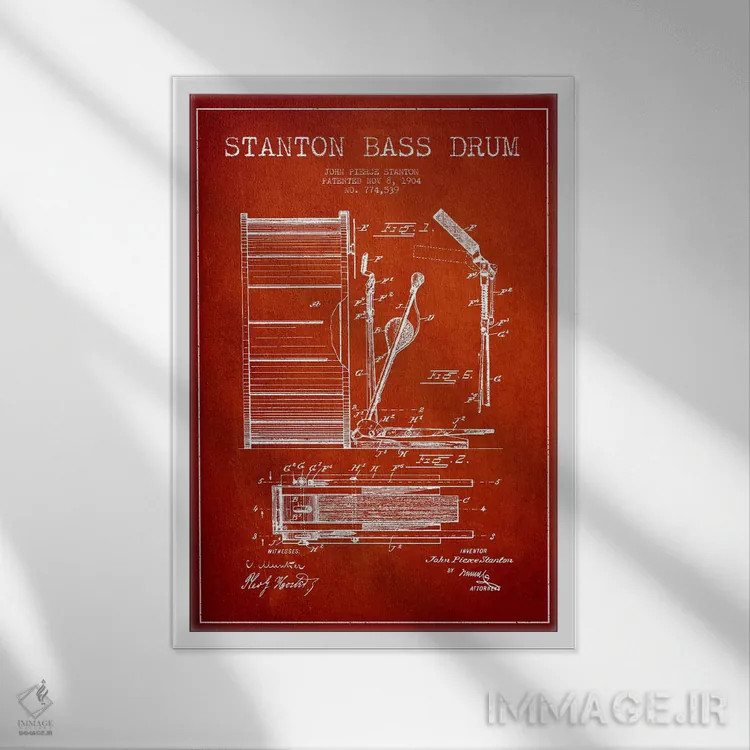 تابلو نقشهٔ پتنت گیتار بیس استنتون (قرمز) اثر پیکسل کهنه (استودیو/نام هنری) - نمای قابدار سفید