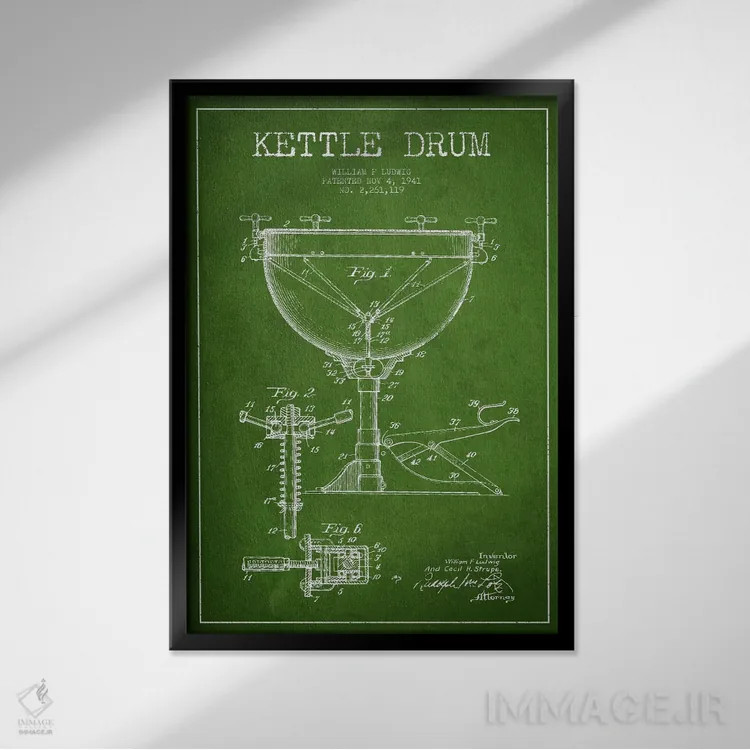 تابلو نقشهٔ پتنت کتل درام لودویگ (سبز) اثر پیکسل کهنه (استودیو/نام هنری) - نمای قابدار مشکی
