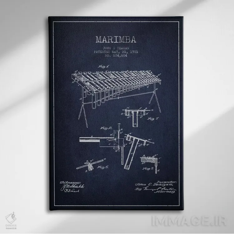 تابلو نقشهٔ پتنت ماریمبا (آبی نفتی) اثر پیکسل کهنه (استودیو/نام هنری) - نمای روبهرو روی دیوار