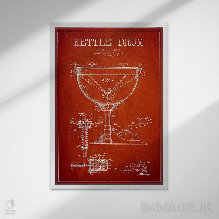 تابلو نقشهٔ پتنت کتل درام لودویگ (قرمز) اثر پیکسل کهنه (استودیو/نام هنری) - نمای قابدار سفید