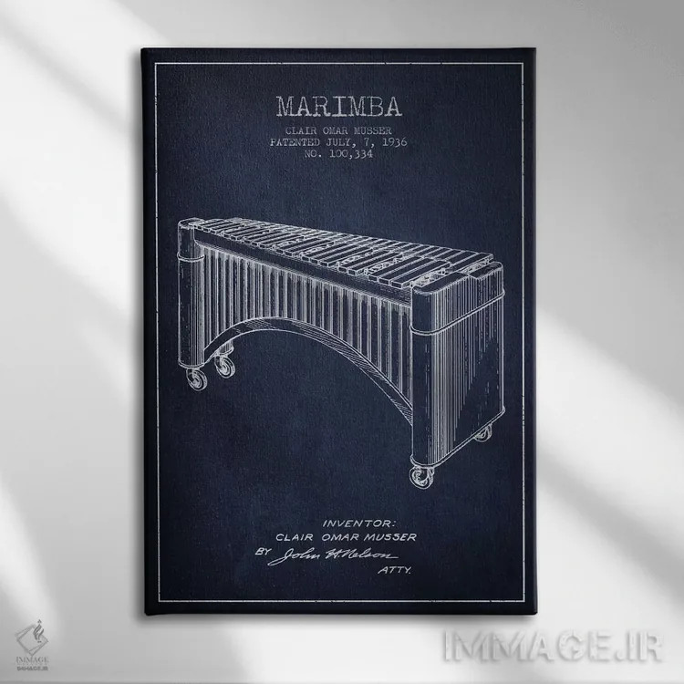 تابلو نقشهٔ پتنت ماریمبا (آبی نفتی) اثر پیکسل کهنه (استودیو/نام هنری) - نمای روبهرو روی دیوار