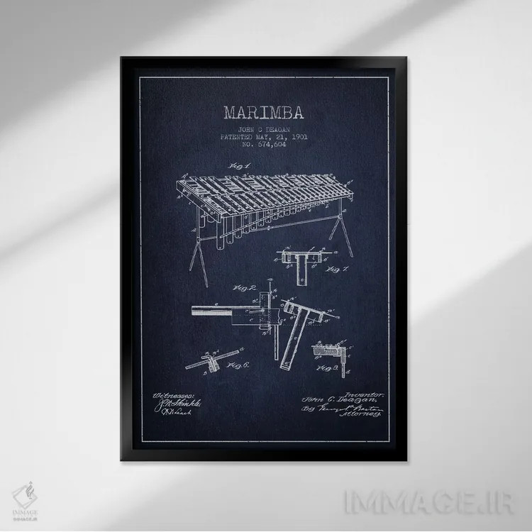 تابلو نقشهٔ پتنت ماریمبا (آبی نفتی) اثر پیکسل کهنه (استودیو/نام هنری) - نمای قابدار مشکی