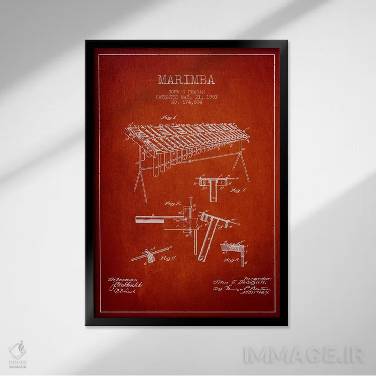 تابلو نقشهٔ پتنت ماریمبا (قرمز) اثر پیکسل کهنه (استودیو/نام هنری) - نمای قابدار مشکی