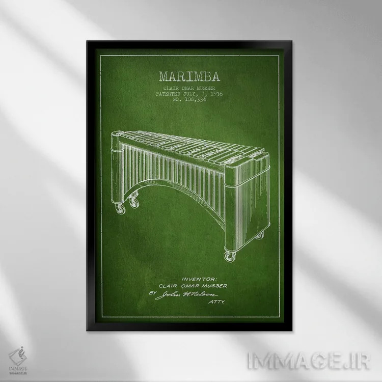 تابلو نقشهٔ پتنت ماریمبا (سبز) اثر پیکسل کهنه (استودیو/نام هنری) - نمای قابدار مشکی