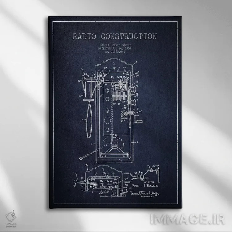 تابلو نقشهٔ پتنت ساخت رادیوی باورز (آبی) اثر پیکسل کهنه (استودیو/نام هنری) - نمای روبهرو روی دیوار