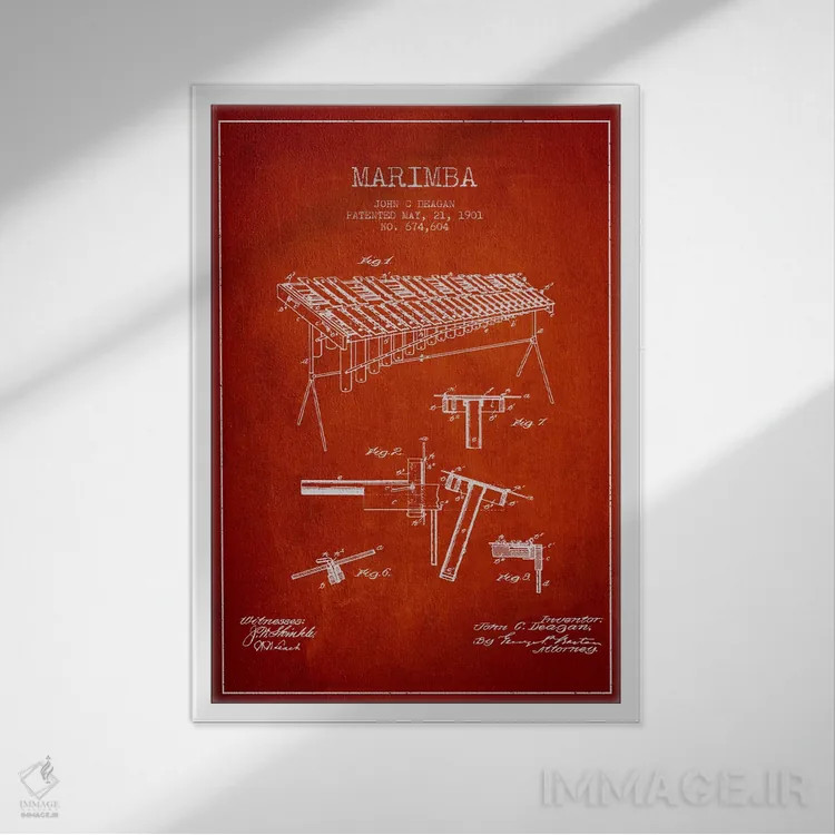 تابلو نقشهٔ پتنت ماریمبا (قرمز) اثر پیکسل کهنه (استودیو/نام هنری) - نمای قابدار سفید