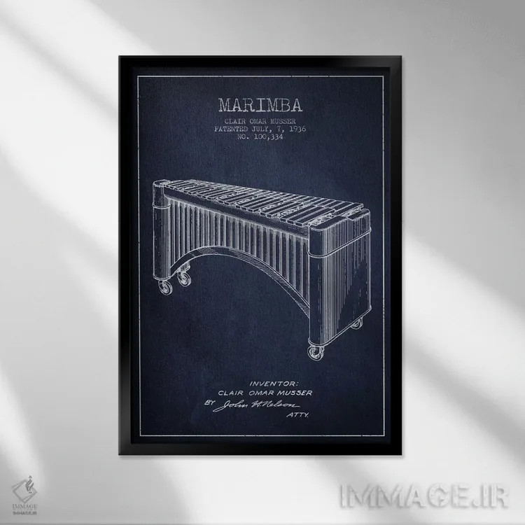 تابلو نقشهٔ پتنت ماریمبا (آبی نفتی) اثر پیکسل کهنه (استودیو/نام هنری) - نمای قابدار مشکی