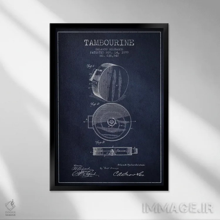 تابلو نقشهٔ پتنت دایره زنگی (آبی نفتی) اثر پیکسل کهنه (استودیو/نام هنری) - نمای قابدار مشکی