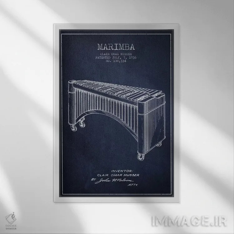 تابلو نقشهٔ پتنت ماریمبا (آبی نفتی) اثر پیکسل کهنه (استودیو/نام هنری) - نمای قابدار سفید