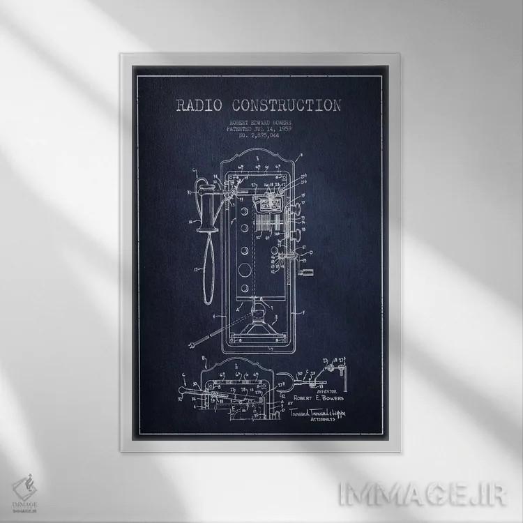 تابلو نقشهٔ پتنت ساخت رادیوی باورز (آبی) اثر پیکسل کهنه (استودیو/نام هنری) - نمای قابدار سفید