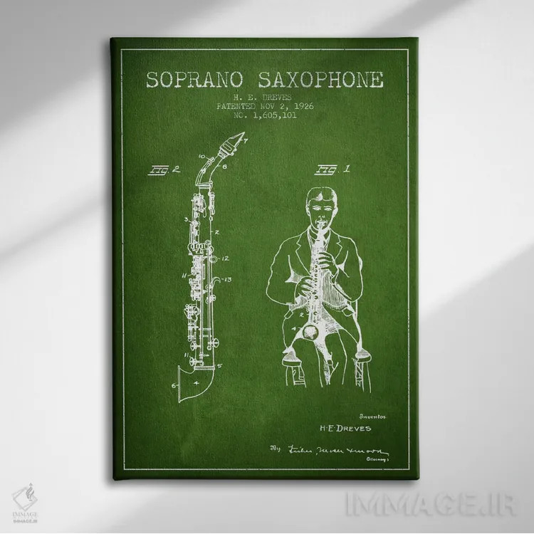 تابلو نقشهٔ پتنت ساکسوفون سوپرانو (سبز) اثر پیکسل کهنه (استودیو/نام هنری) - نمای روبهرو روی دیوار