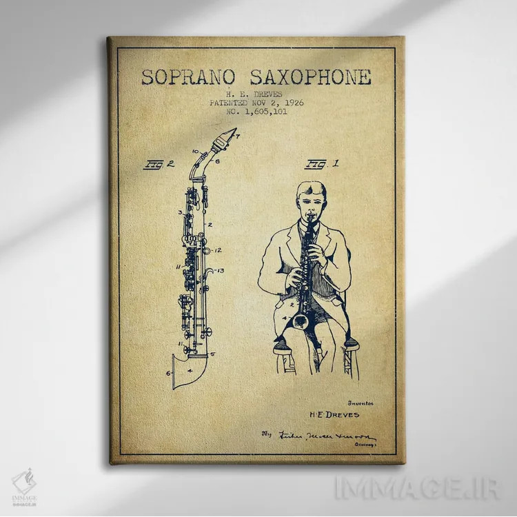تابلو نقشهٔ پتنت ساکسوفون سوپرانو (قدیمی) اثر پیکسل کهنه (استودیو/نام هنری) - نمای روبهرو روی دیوار