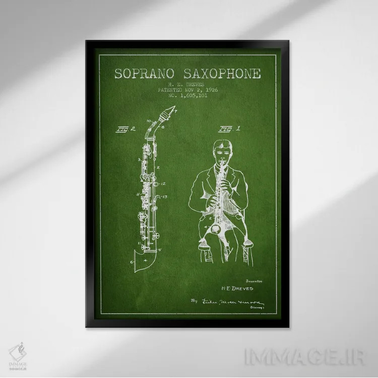تابلو نقشهٔ پتنت ساکسوفون سوپرانو (سبز) اثر پیکسل کهنه (استودیو/نام هنری) - نمای قابدار مشکی