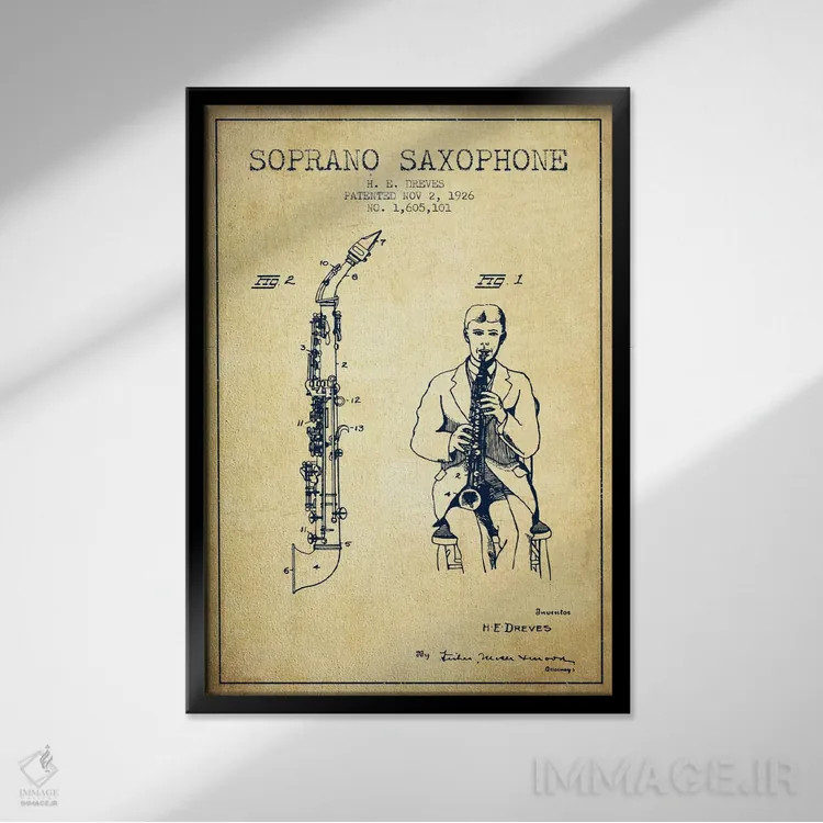 تابلو نقشهٔ پتنت ساکسوفون سوپرانو (قدیمی) اثر پیکسل کهنه (استودیو/نام هنری) - نمای قابدار مشکی