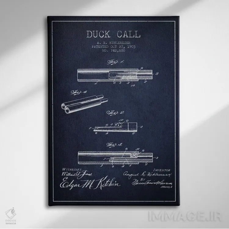 تابلو نقشهٔ پتنت سوت اردک (آبی نفتی) اثر پیکسل کهنه (استودیو/نام هنری) - نمای روبهرو روی دیوار