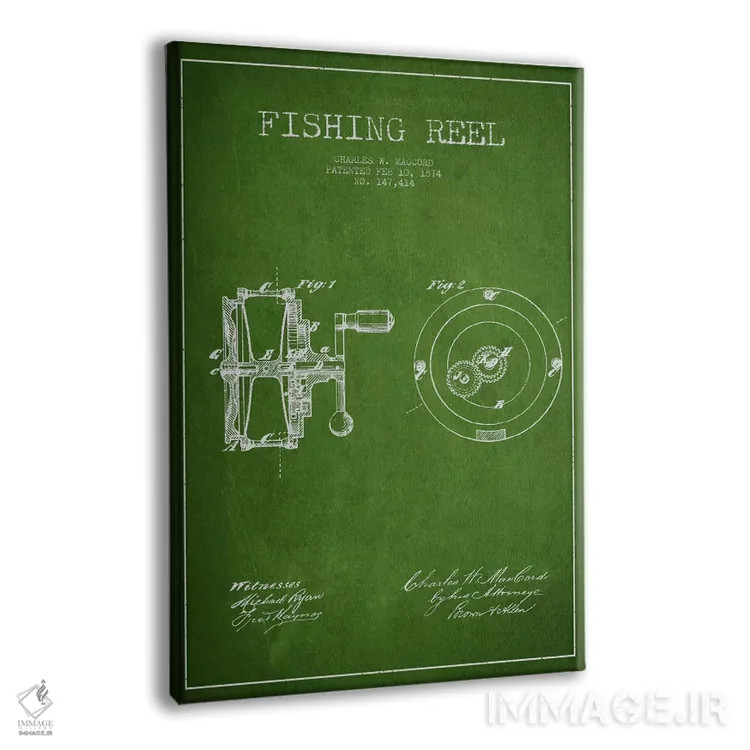 تابلو نقشهٔ پتنت چرخ ماهیگیری (سبز) اثر پیکسل کهنه (استودیو/نام هنری) - نمای پرسپکتیو محصول