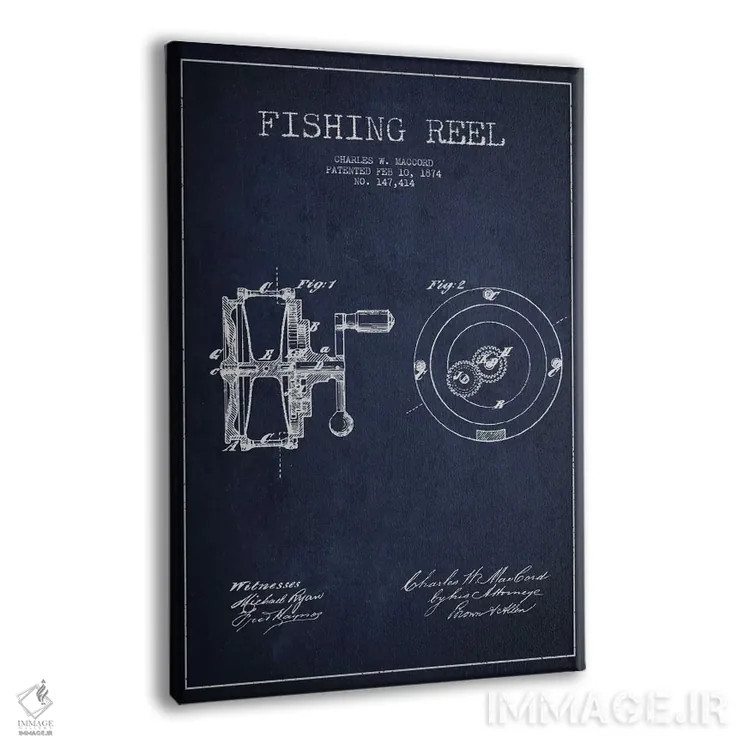تابلو نقشهٔ پتنت چرخ ماهیگیری (آبی نفتی) اثر پیکسل کهنه (استودیو/نام هنری) - نمای پرسپکتیو محصول
