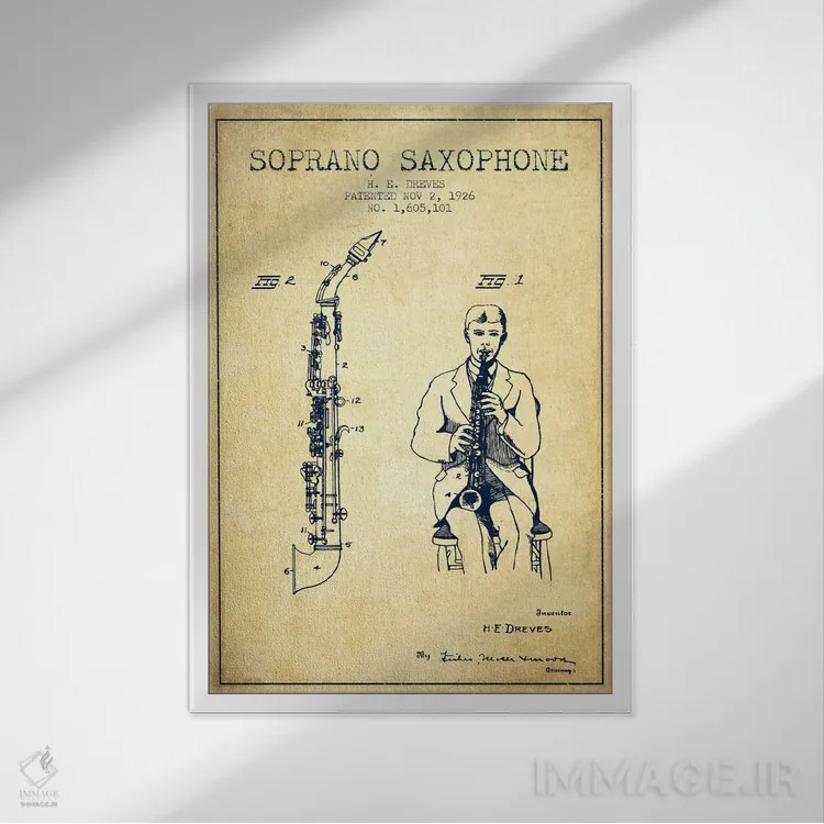 تابلو نقشهٔ پتنت ساکسوفون سوپرانو (قدیمی) اثر پیکسل کهنه (استودیو/نام هنری) - نمای قابدار سفید