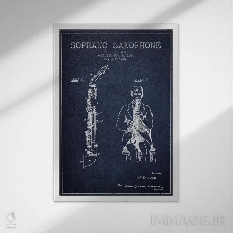 تابلو نقشهٔ پتنت ساکسوفون سوپرانو (آبی نفتی) اثر پیکسل کهنه (استودیو/نام هنری) - نمای قابدار سفید