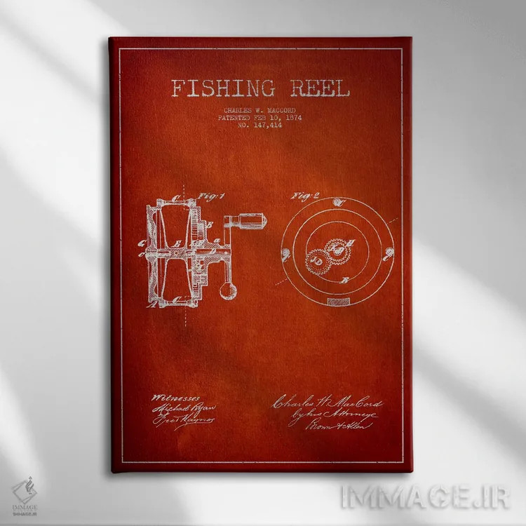 تابلو نقشهٔ حقامتیاز قرقره ماهیگیری قرمز اثر پیکسل کهنه (استودیو/نام هنری) - نمای روبهرو روی دیوار