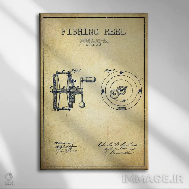 تابلو نقشهٔ حقامتیاز قرقره ماهیگیری کلاسیک اثر پیکسل کهنه (استودیو/نام هنری) - نمای روبهرو روی دیوار