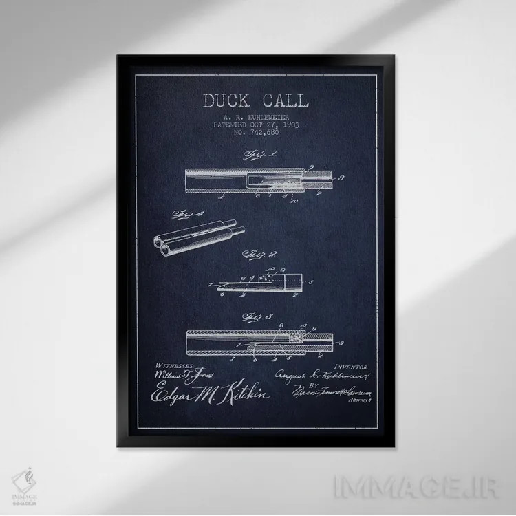 تابلو نقشهٔ پتنت سوت اردک (آبی نفتی) اثر پیکسل کهنه (استودیو/نام هنری) - نمای قابدار مشکی